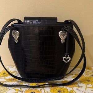 Brighton Black Croc-Embossed Shoulder Bag with Silver Accents